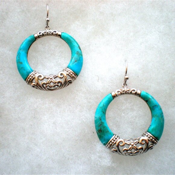 LARGE Vintage Artisan Designer Sterling Silver 925 Turquoise Dangle Earrings - Picture 1 of 6